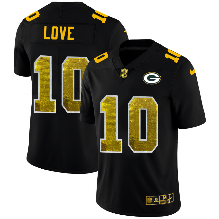 Personalized Green Bay Packers #10 Jordan Love Men’s Black Golden Sequin Limited NFL Jersey