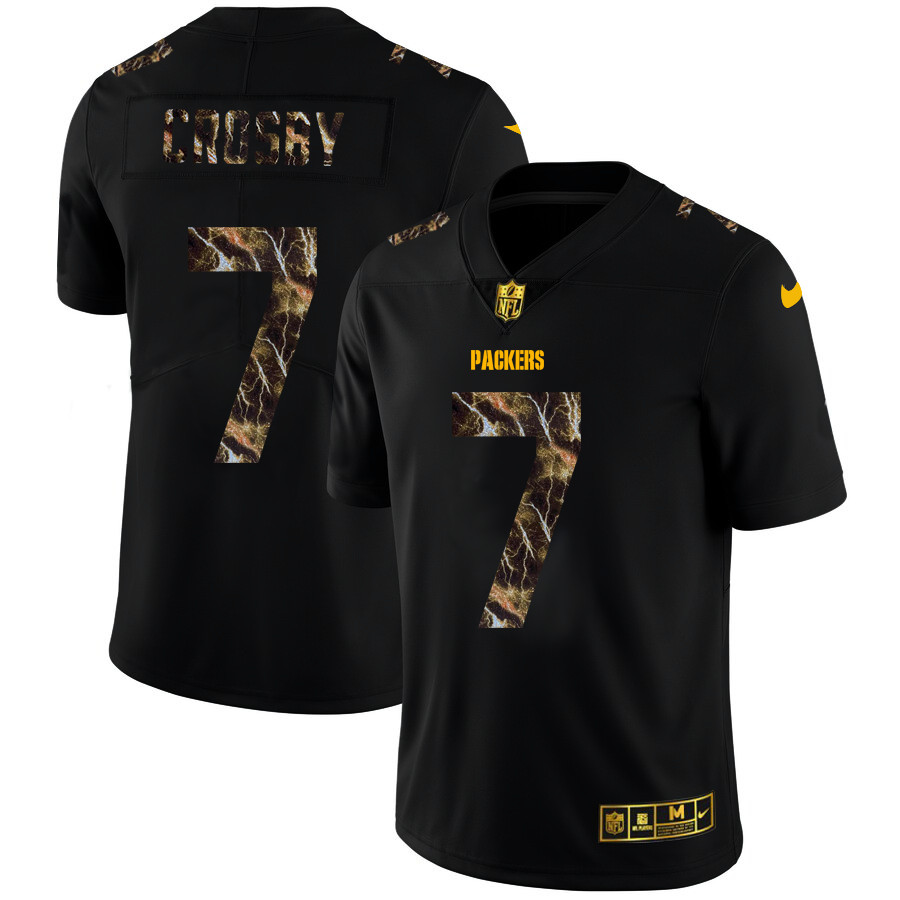 Personalized Green Bay Packers #7 Mason Crosby Men’s Black Flocked Lightning Limited NFL Jersey