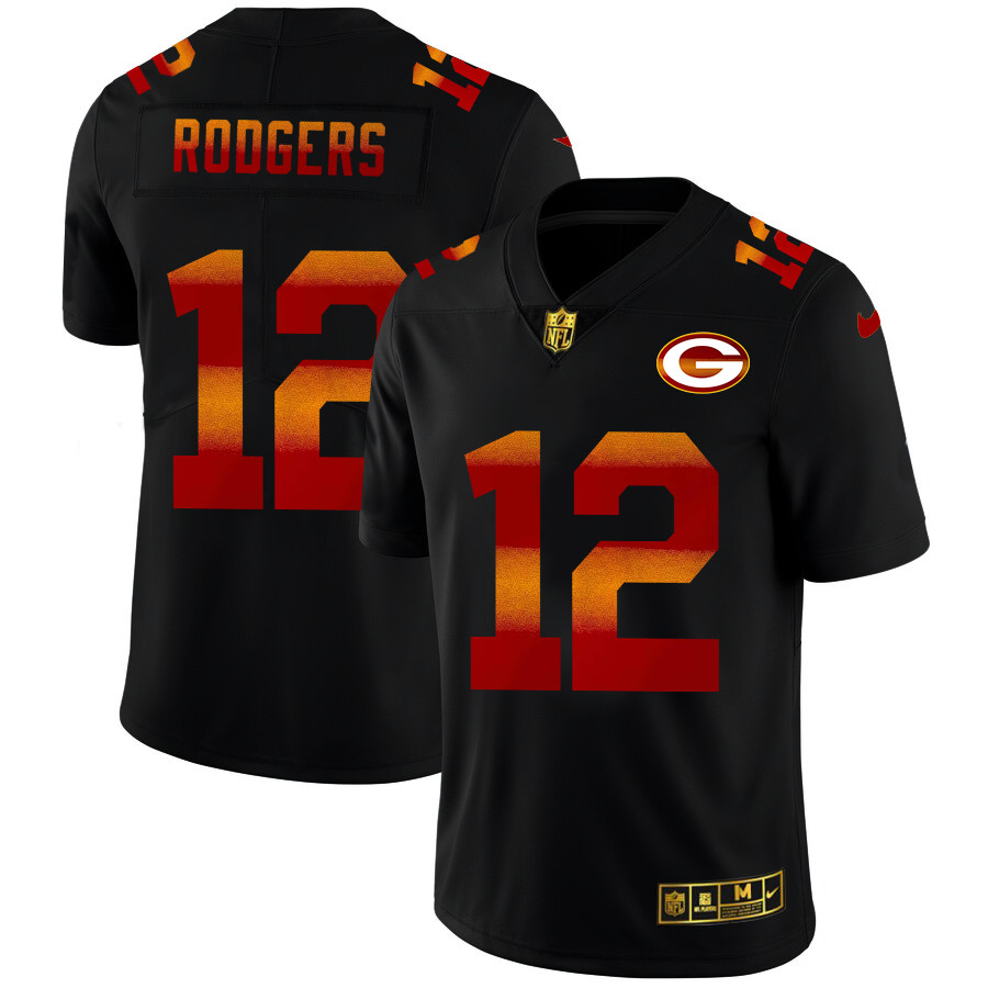 Personalized Green Bay Packers #12 Aaron Rodgers Men’s Black Red Orange Stripe Limited NFL Jersey