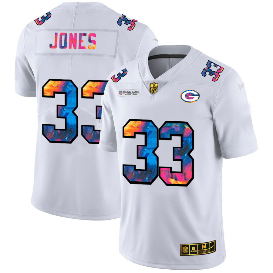 Personalized Green Bay Packers #33 Aaron Jones Men’s White Multi-Color 2020 NFL Crucial Catch Limited NFL Jersey
