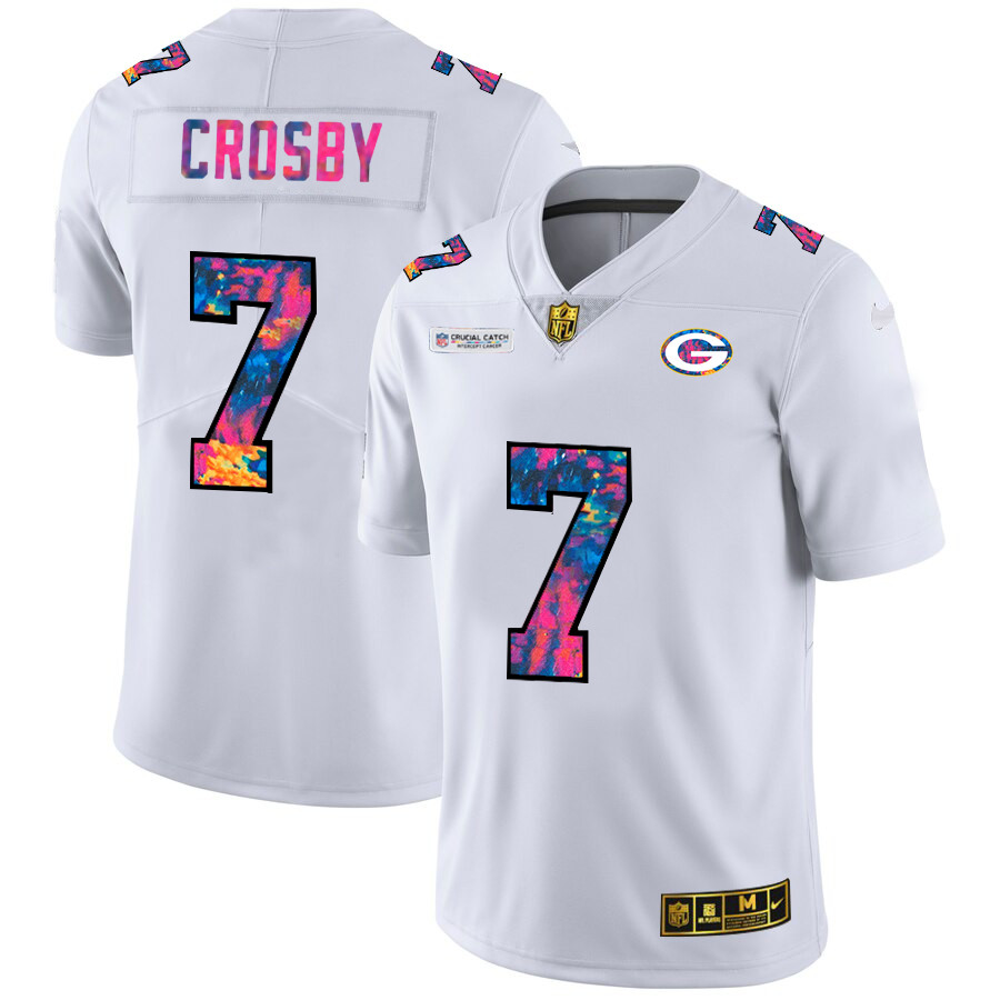 Personalized Green Bay Packers #7 Mason Crosby Men’s White Multi-Color 2020 NFL Crucial Catch Limited NFL Jersey