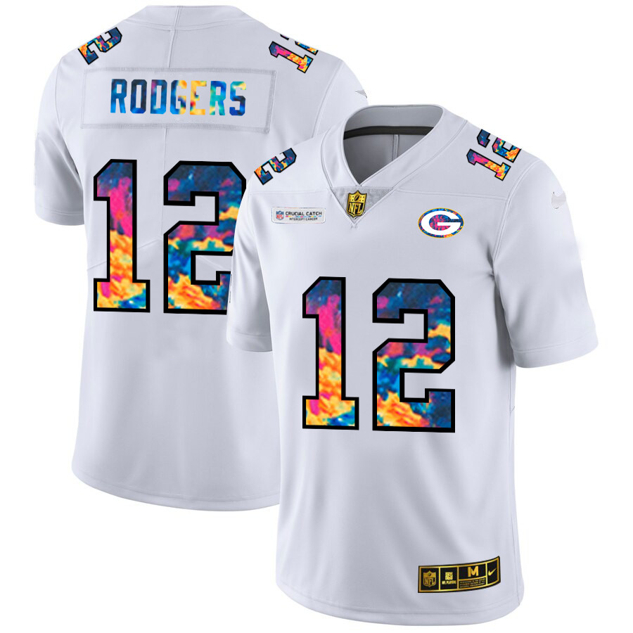 Personalized Green Bay Packers #12 Aaron Rodgers Men’s White Multi-Color 2020 NFL Crucial Catch Limited NFL Jersey