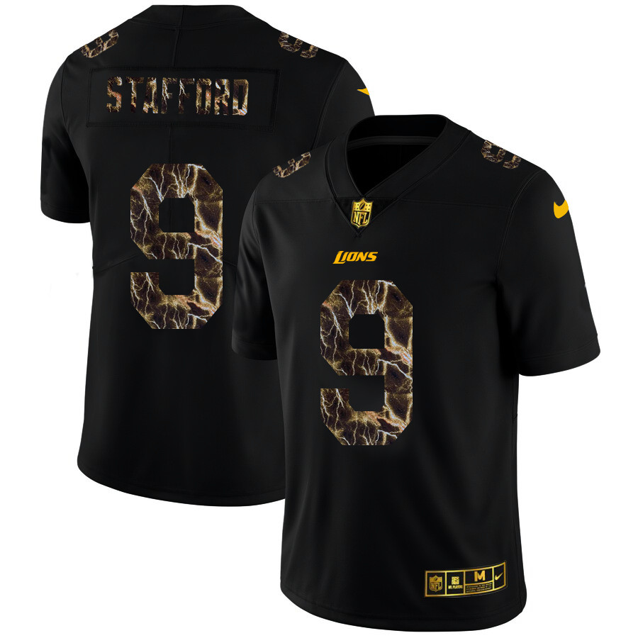 Personalized Detroit Lions #9 Matthew Stafford Men’s Black Flocked Lightning Limited NFL Jersey