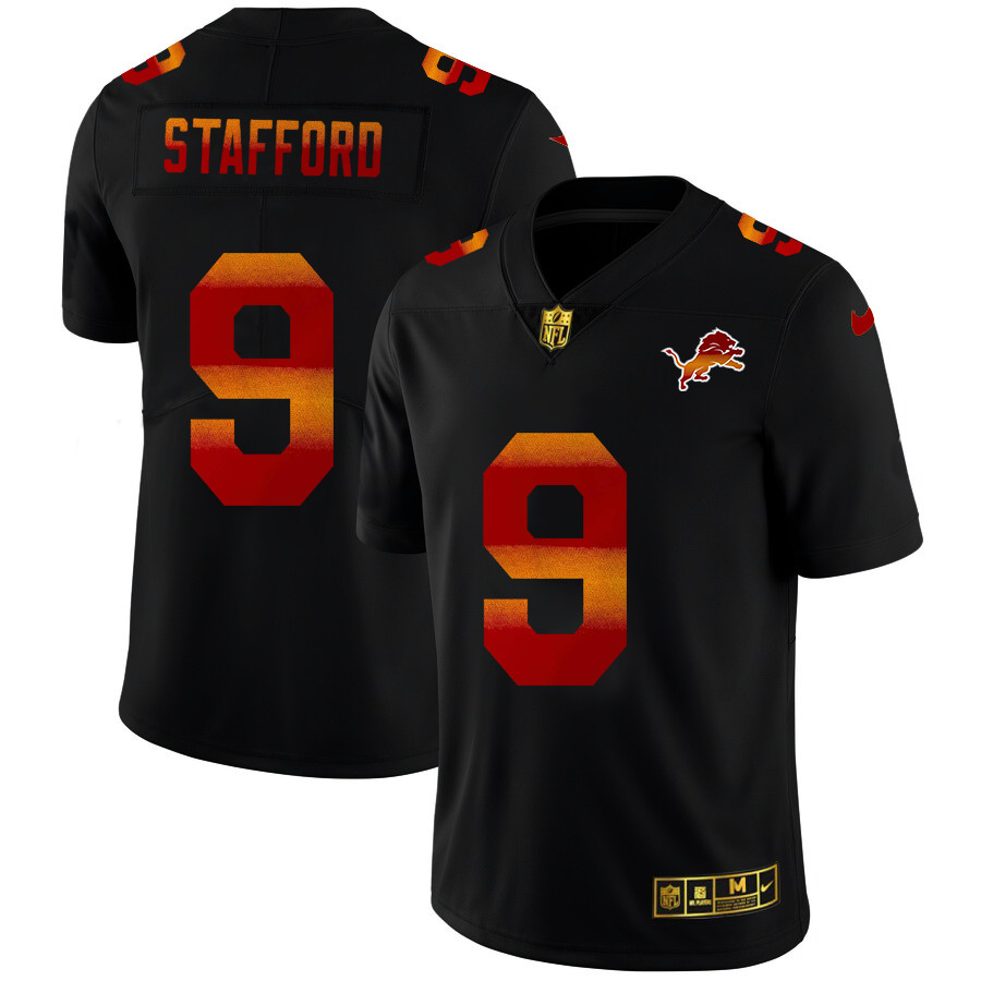 Personalized Detroit Lions #9 Matthew Stafford Men’s Black Red Orange Stripe Limited NFL Jersey