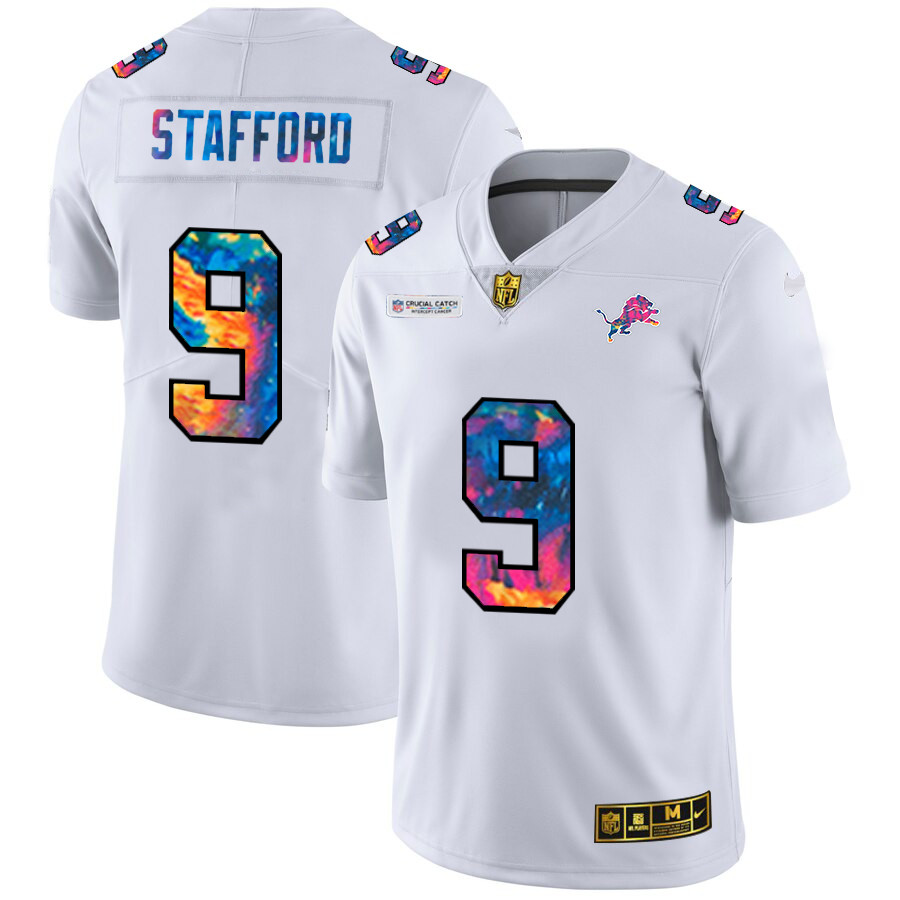 Personalized Detroit Lions #9 Matthew Stafford Men’s White Multi-Color 2020 NFL Crucial Catch Limited NFL Jersey