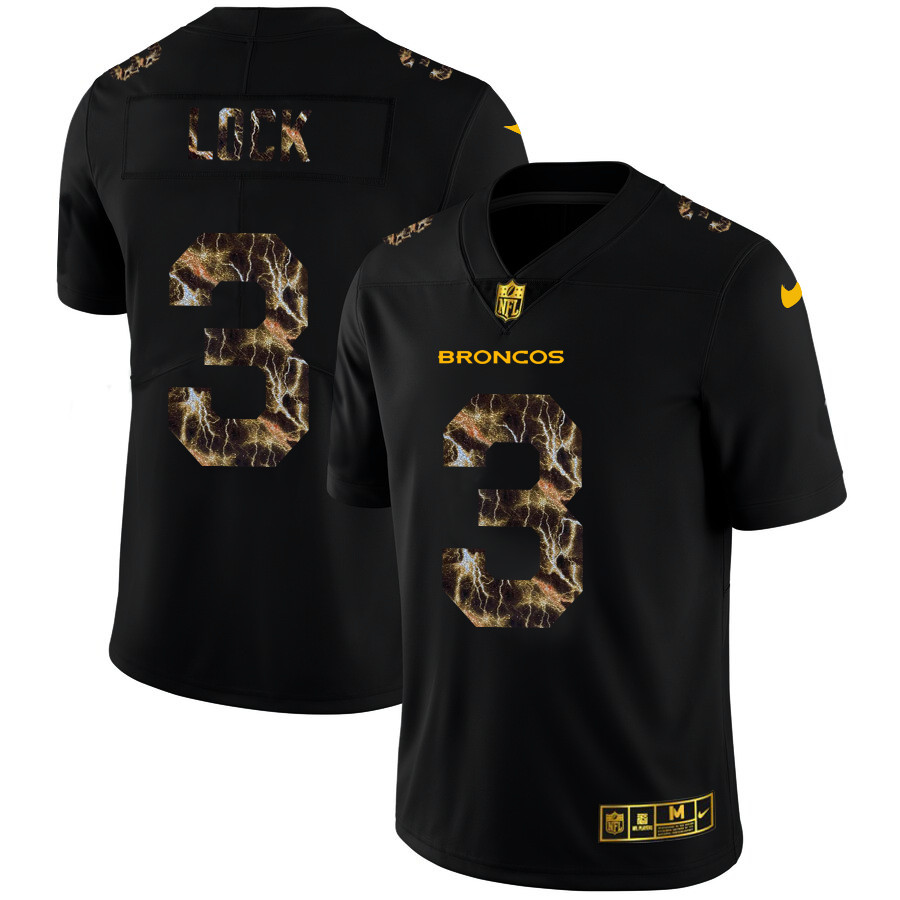 Personalized Denver Broncos #3 Drew Lock Men’s Black Flocked Lightning Limited NFL Jersey