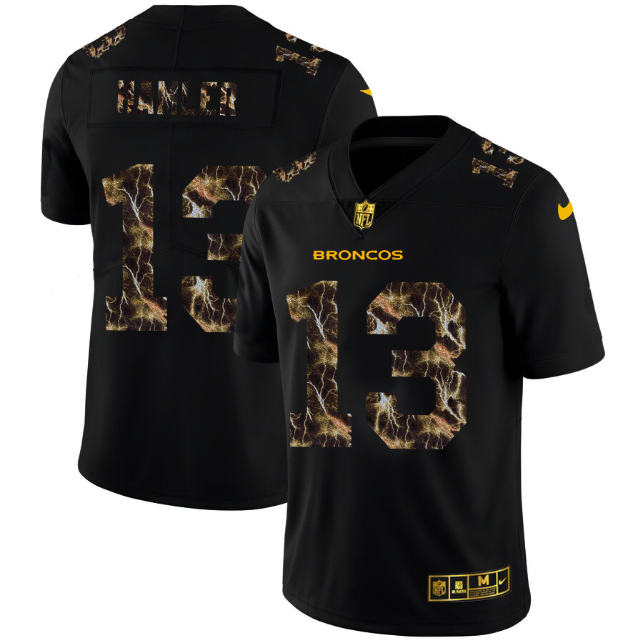 Personalized Denver Broncos #13 KJ Hamler Men’s Black Flocked Lightning Limited NFL Jersey