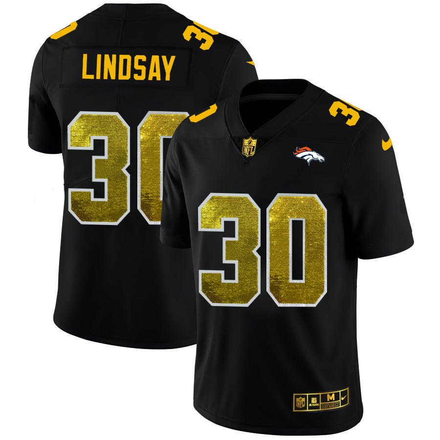 Personalized Denver Broncos #30 Phillip Lindsay Men’s Black Golden Sequin Limited NFL Jersey