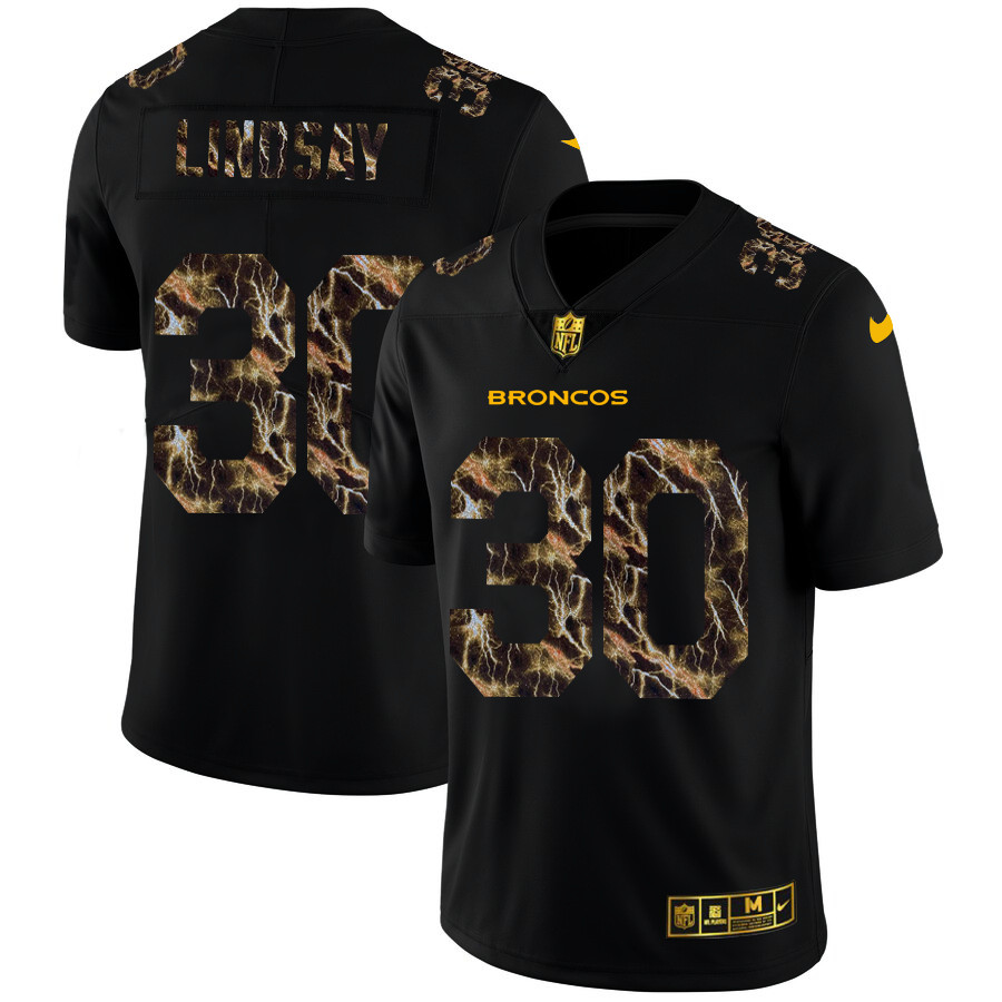 Personalized Denver Broncos #30 Phillip Lindsay Men’s Black Flocked Lightning Limited NFL Jersey