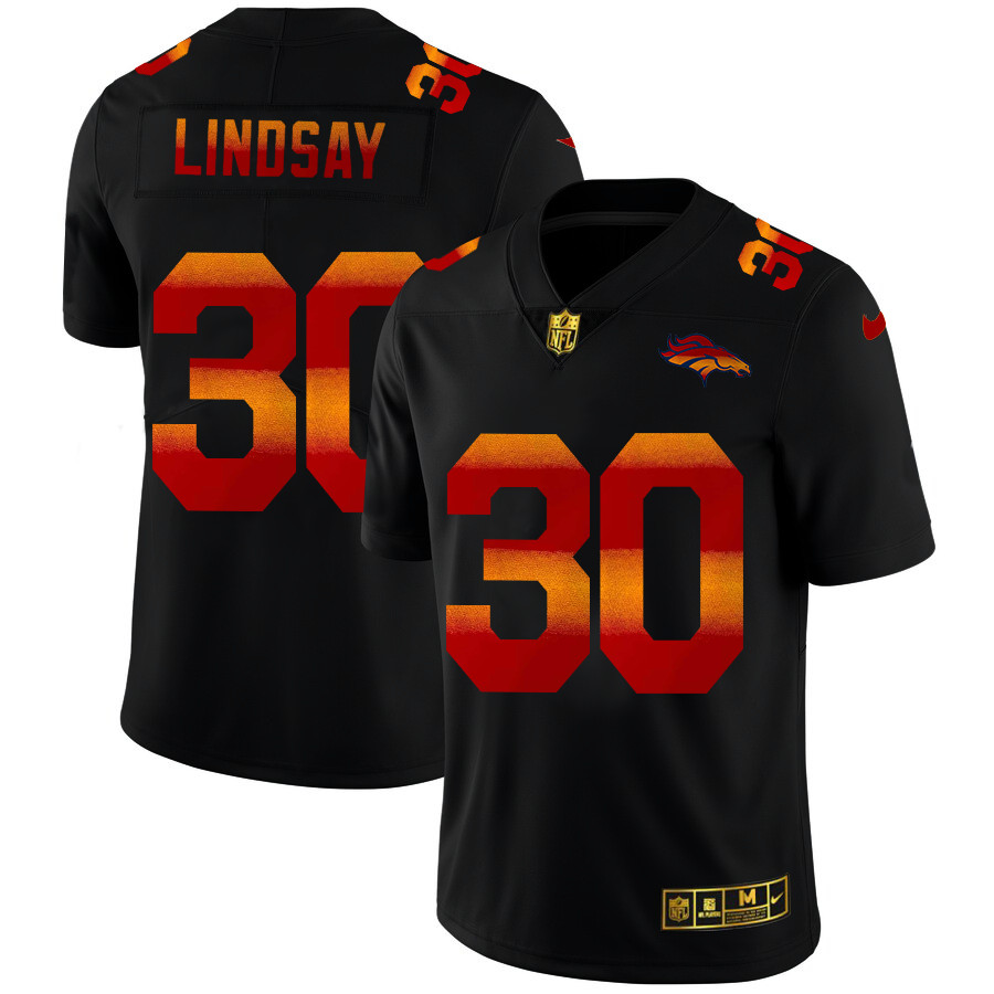 Personalized Denver Broncos #30 Phillip Lindsay Men’s Black Red Orange Stripe Limited NFL Jersey