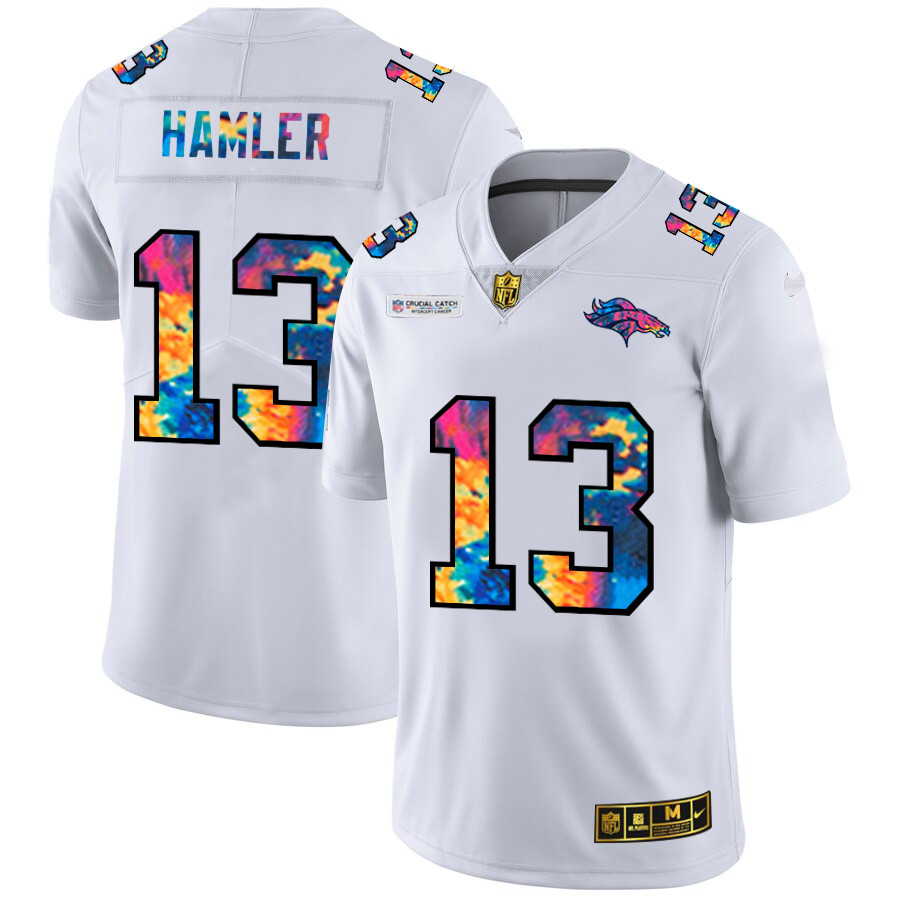 Personalized Denver Broncos #13 KJ Hamler Men’s White Multi-Color 2020 NFL Crucial Catch Limited NFL Jersey