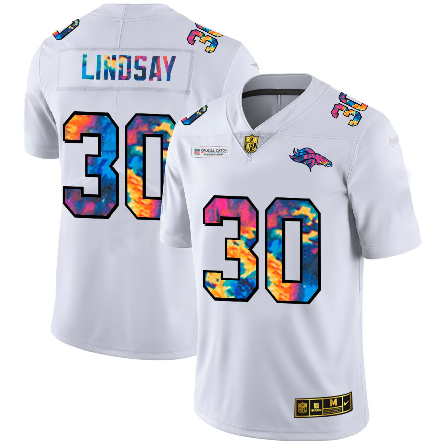 Personalized Denver Broncos #30 Phillip Lindsay Men’s White Multi-Color 2020 NFL Crucial Catch Limited NFL Jersey