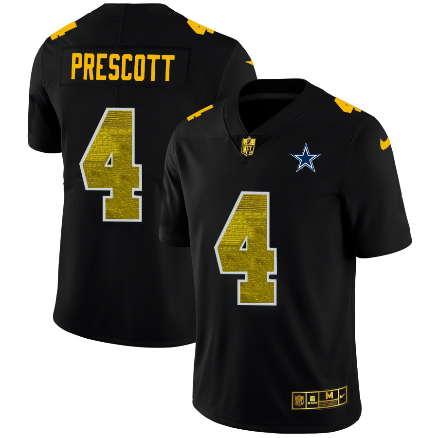 Personalized Dallas Cowboys #4 Dak Prescott Men’s Black Golden Sequin Limited NFL Jersey