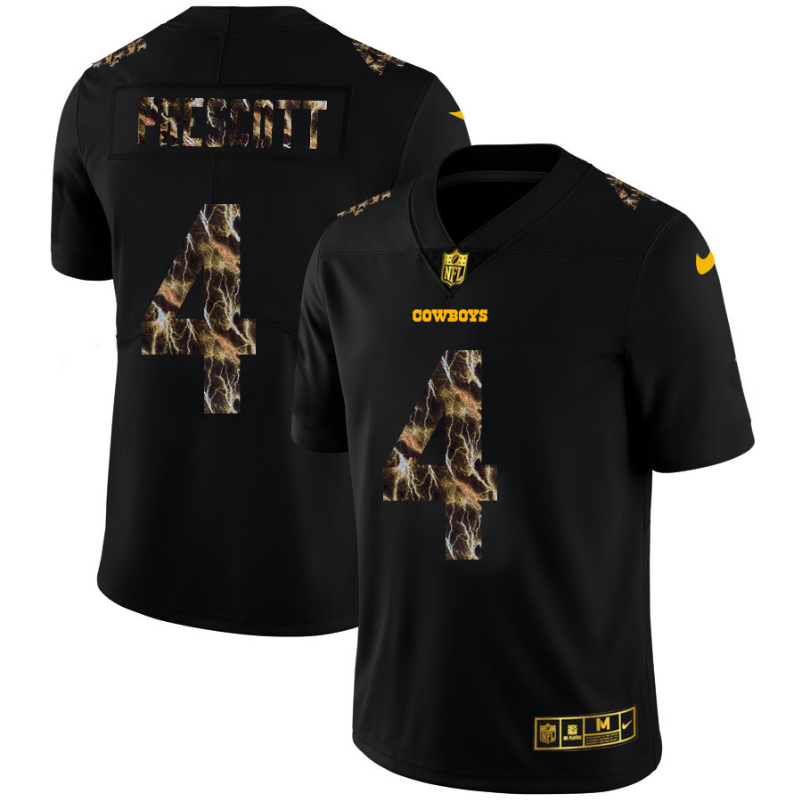 Personalized Dallas Cowboys #4 Dak Prescott Men’s Black Flocked Lightning Limited NFL Jersey