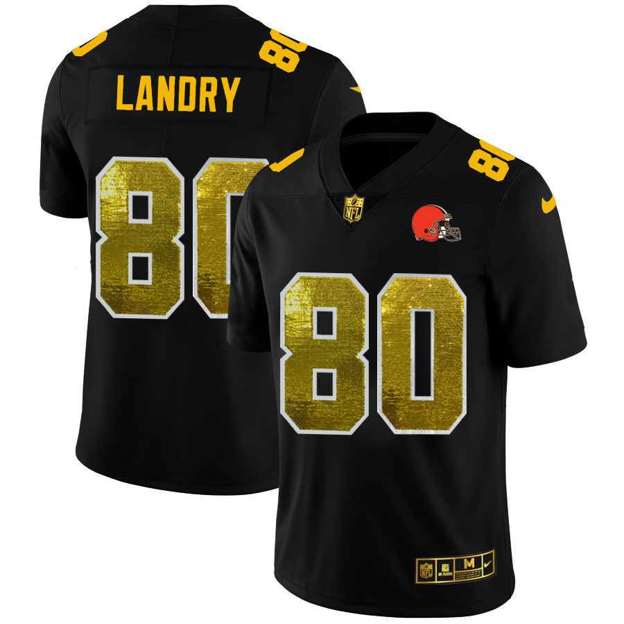 Personalized Cleveland Browns #80 Jarvis Landry Men’s Black Golden Sequin Limited NFL Jersey