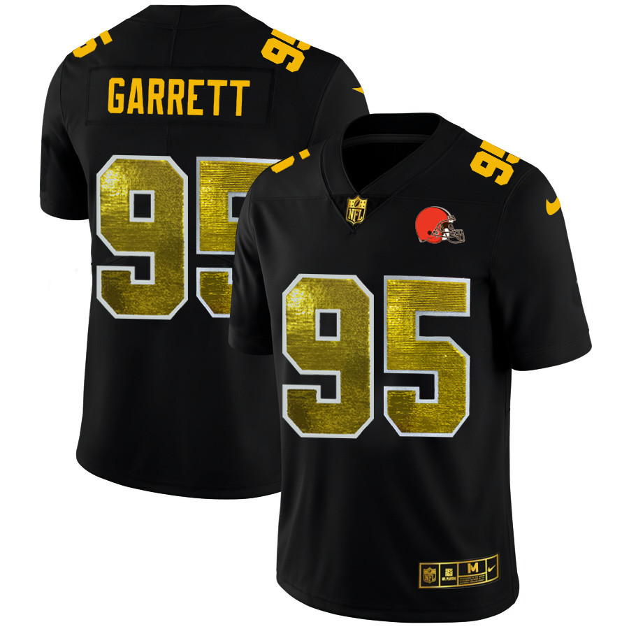 Personalized Cleveland Browns #95 Myles Garrett Men’s Black Golden Sequin Limited NFL Jersey