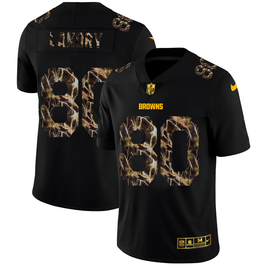 Personalized Cleveland Browns #80 Jarvis Landry Men’s Black Flocked Lightning Limited NFL Jersey