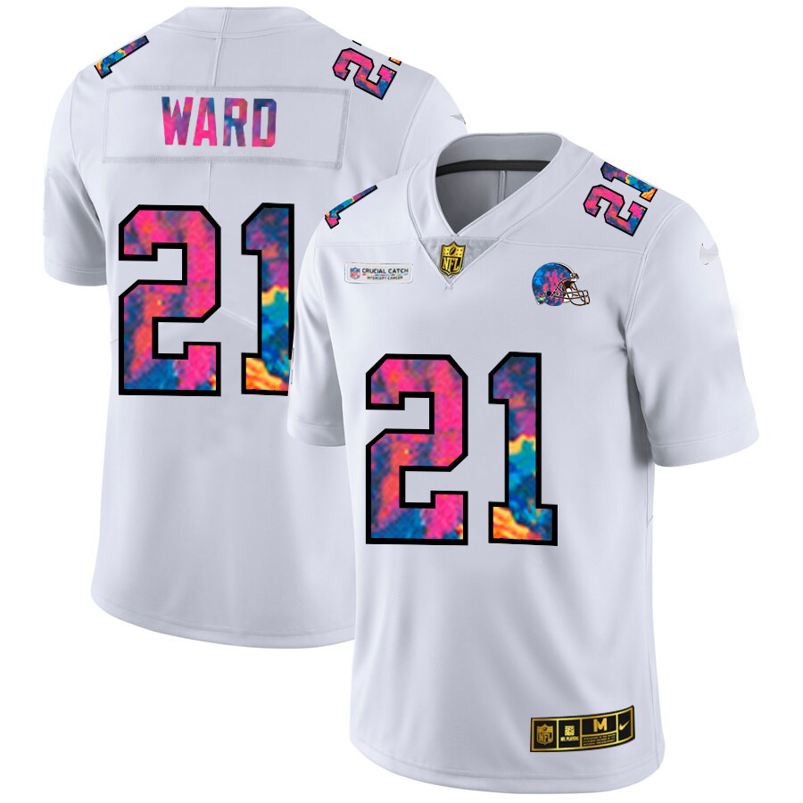 Personalized Cleveland Browns #21 Denzel Ward Men’s White Multi-Color 2020 NFL Crucial Catch Limited NFL Jersey