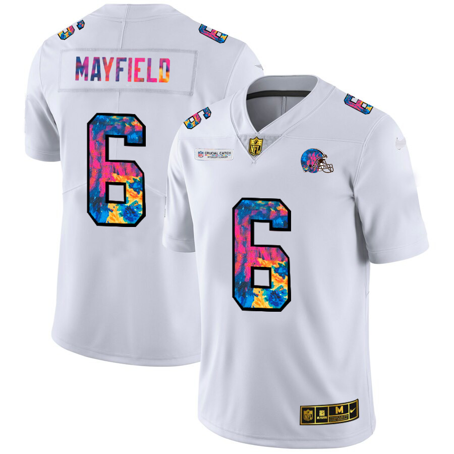 Personalized Cleveland Browns #6 Baker Mayfield Men’s White Multi-Color 2020 NFL Crucial Catch Limited NFL Jersey