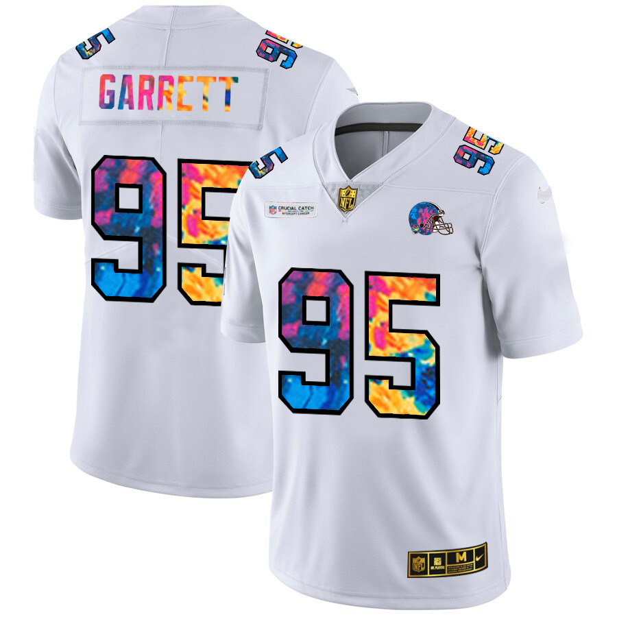 Personalized Cleveland Browns #95 Myles Garrett Men’s White Multi-Color 2020 NFL Crucial Catch Limited NFL Jersey