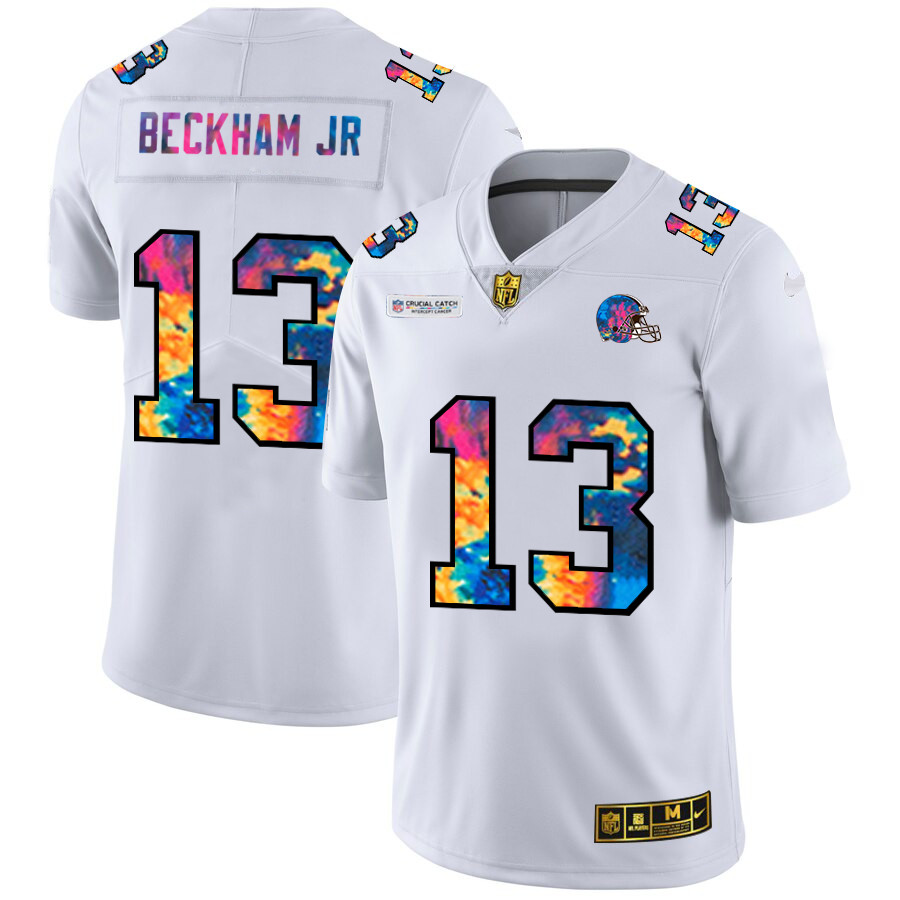 Personalized Cleveland Browns #13 Odell Beckham Jr. Men’s White Multi-Color 2020 NFL Crucial Catch Limited NFL Jersey