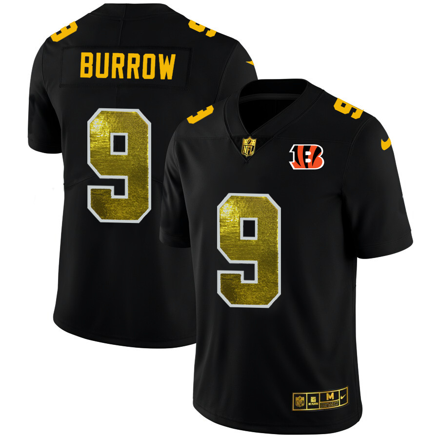Personalized Cincinnati Bengals #9 Joe Burrow Men’s Black Golden Sequin Limited NFL Jersey