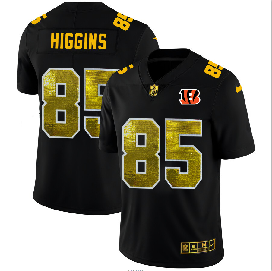 Personalized Cincinnati Bengals #85 Tee Higgins Men’s Black Golden Sequin Limited NFL Jersey
