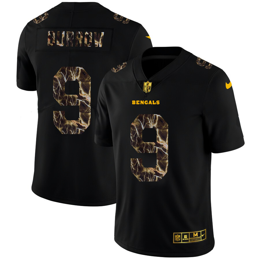 Personalized Cincinnati Bengals #9 Joe Burrow Men’s Black Flocked Lightning Limited NFL Jersey