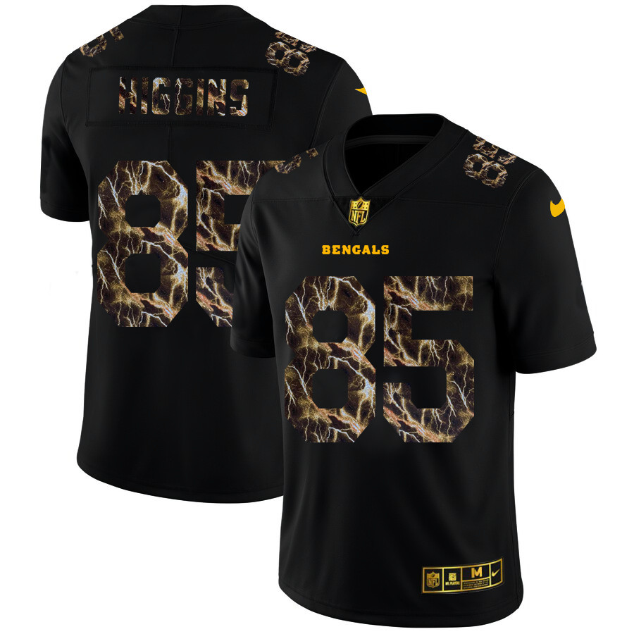 Personalized Cincinnati Bengals #85 Tee Higgins Men’s Black Flocked Lightning Limited NFL Jersey