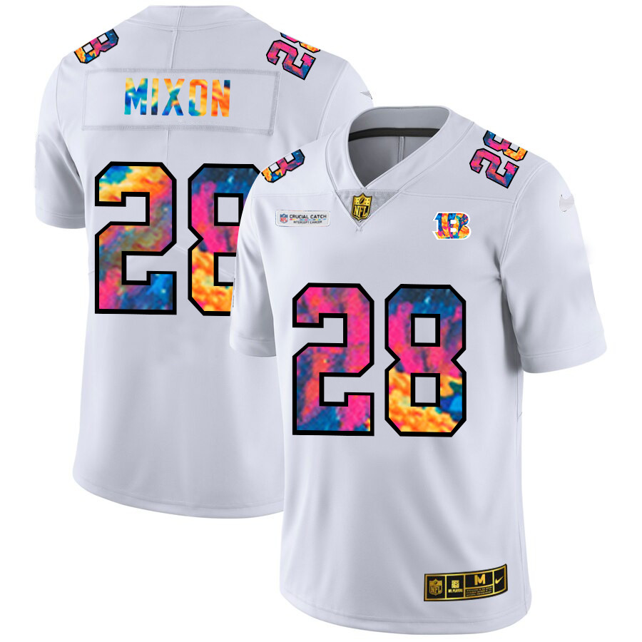 Personalized Cincinnati Bengals #28 Joe Mixon Men’s White Multi-Color 2020 NFL Crucial Catch Limited NFL Jersey