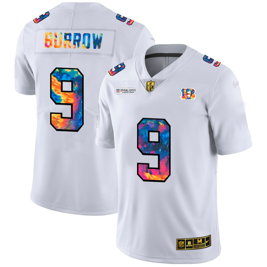 Personalized Cincinnati Bengals #9 Joe Burrow Men’s White Multi-Color 2020 NFL Crucial Catch Limited NFL Jersey