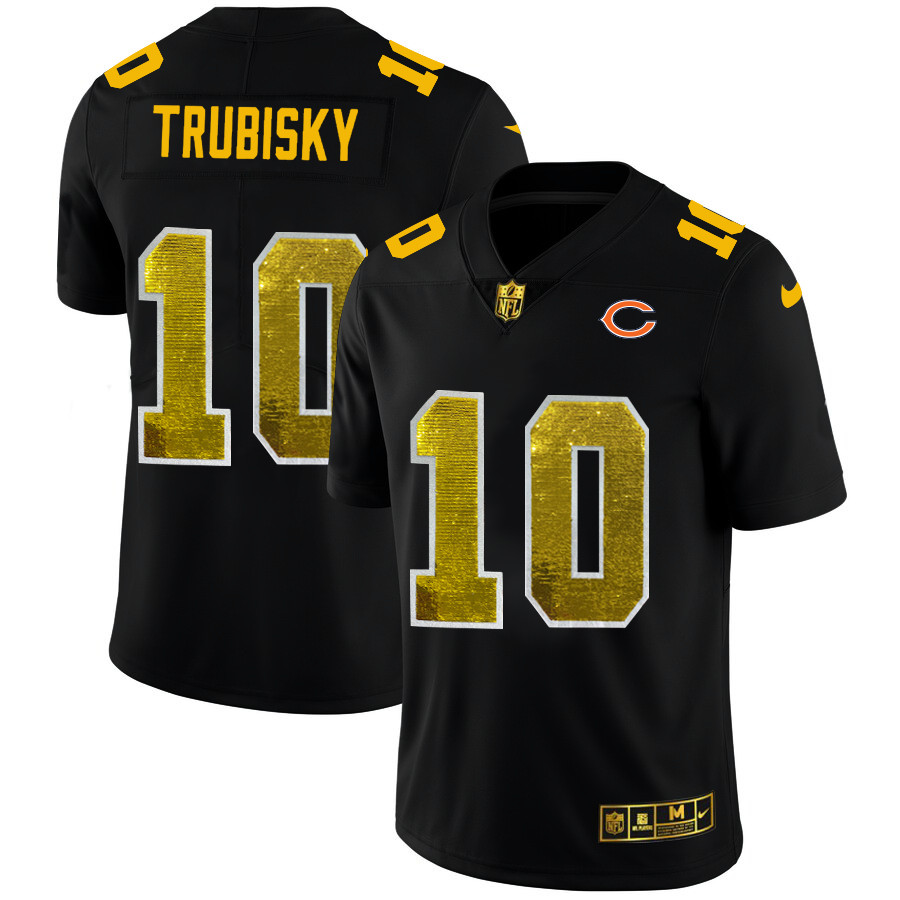 Personalized Chicago Bears #10 Mitchell Trubisky Men’s Black Golden Sequin Limited NFL Jersey