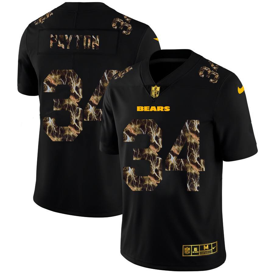 Personalized Chicago Bears #34 Walter Payton Men’s Black Flocked Lightning Limited NFL Jersey