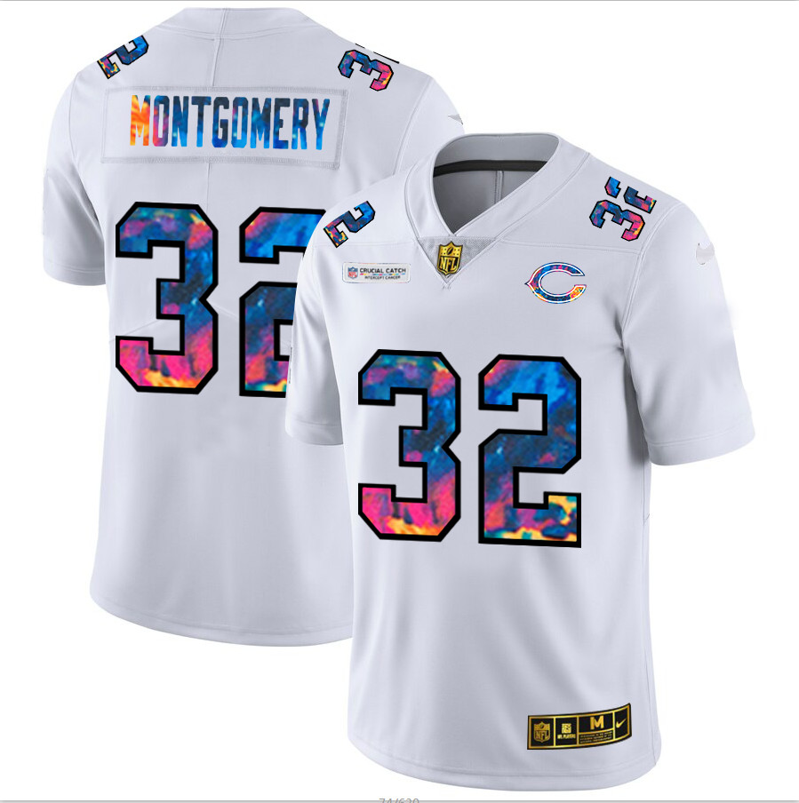 Personalized Chicago Bears #32 David Montgomery Men’s White Multi-Color 2020 NFL Crucial Catch Limited NFL Jersey