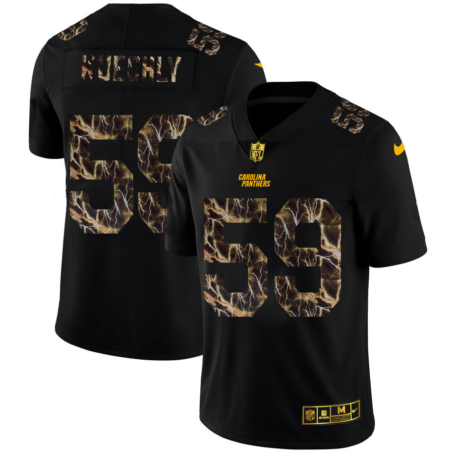 Personalized Carolina Panthers #59 Luke Kuechly Men’s Black Flocked Lightning Limited NFL Jersey