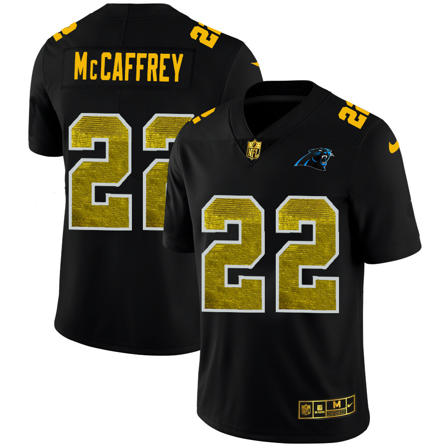 Personalized Carolina Panthers #22 Christian McCaffrey Men’s Black Golden Sequin Limited NFL Jersey