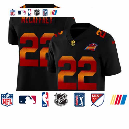 Personalized Carolina Panthers #22 Christian McCaffrey Men’s Black Red Orange Stripe Limited NFL Jersey