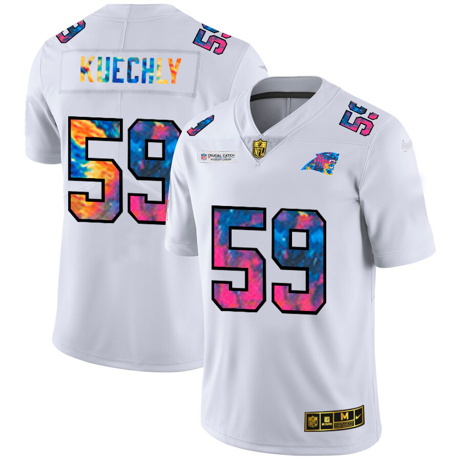 Personalized Carolina Panthers #59 Luke Kuechly Men’s White Multi-Color 2020 NFL Crucial Catch Limited NFL Jersey