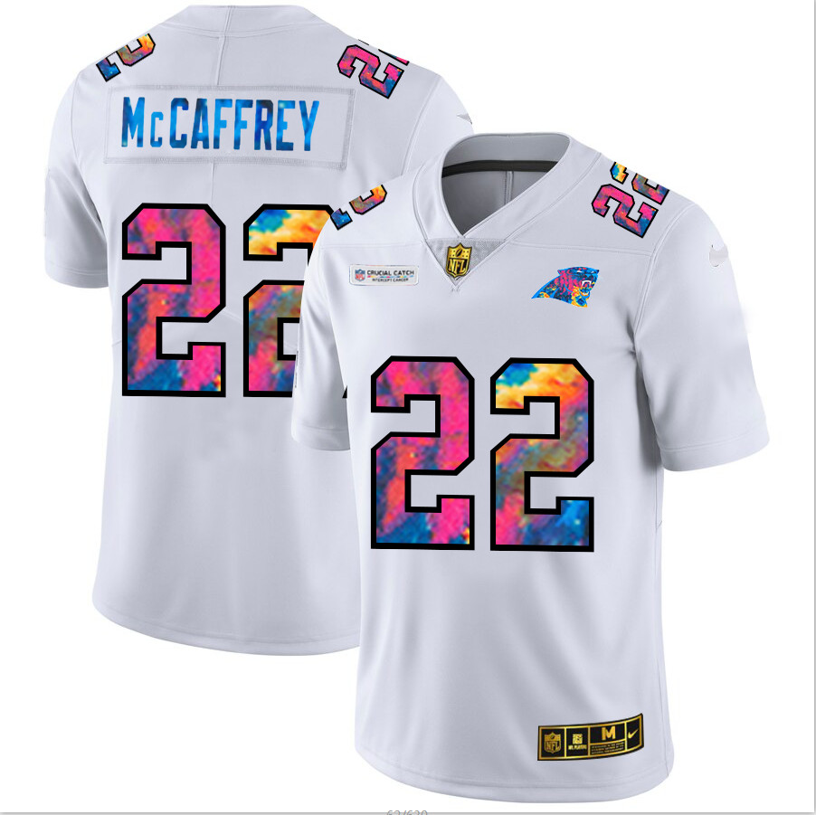 Personalized Carolina Panthers #22 Christian McCaffrey Men’s White Multi-Color 2020 NFL Crucial Catch Limited NFL Jersey