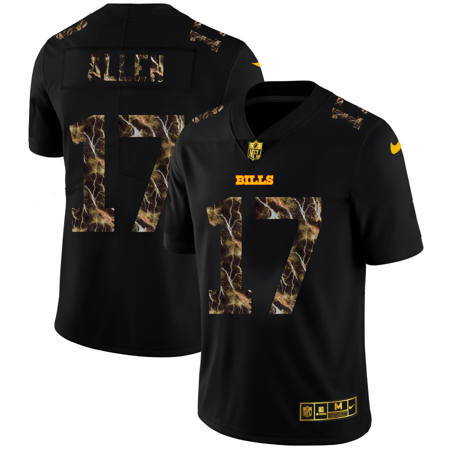 Personalized Buffalo Bills #17 Josh Allen Men’s Black Flocked Lightning Limited NFL Jersey