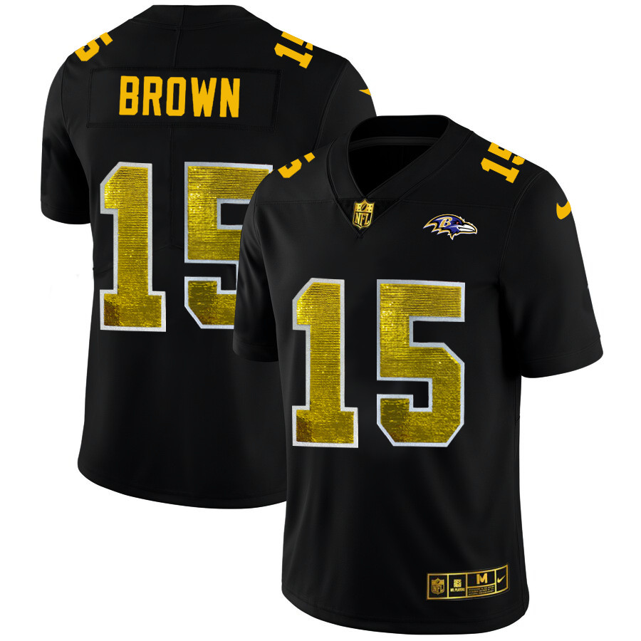 Personalized Baltimore Ravens #15 Marquise Brown Men’s Black Golden Sequin Limited NFL Jersey