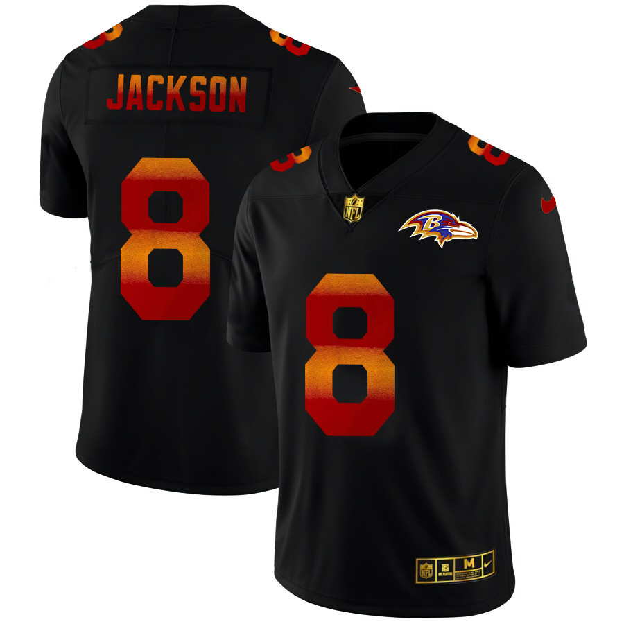 Personalized Baltimore Ravens #8 Lamar Jackson Men’s Black Red Orange Stripe Limited NFL Jersey