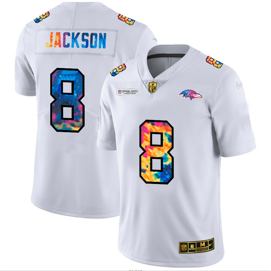 Personalized Baltimore Ravens #8 Lamar Jackson Men’s White Multi-Color 2020 NFL Crucial Catch Limited NFL Jersey