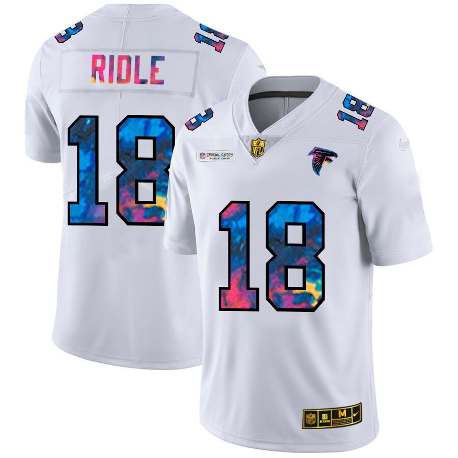 Personalized Atlanta Falcons #18 Calvin Ridley Men’s White Multi-Color 2020 NFL Crucial Catch Limited NFL Jersey