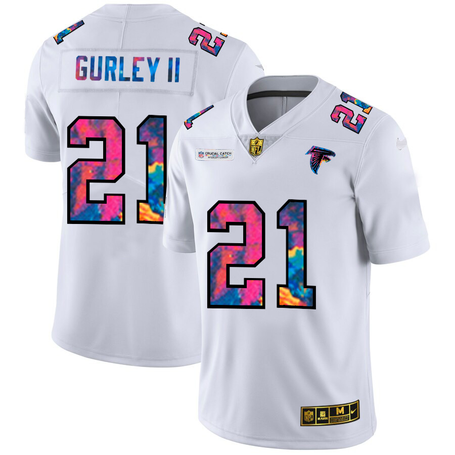 Personalized Atlanta Falcons #21 Todd Gurley II Men’s White Multi-Color 2020 NFL Crucial Catch Limited NFL Jersey