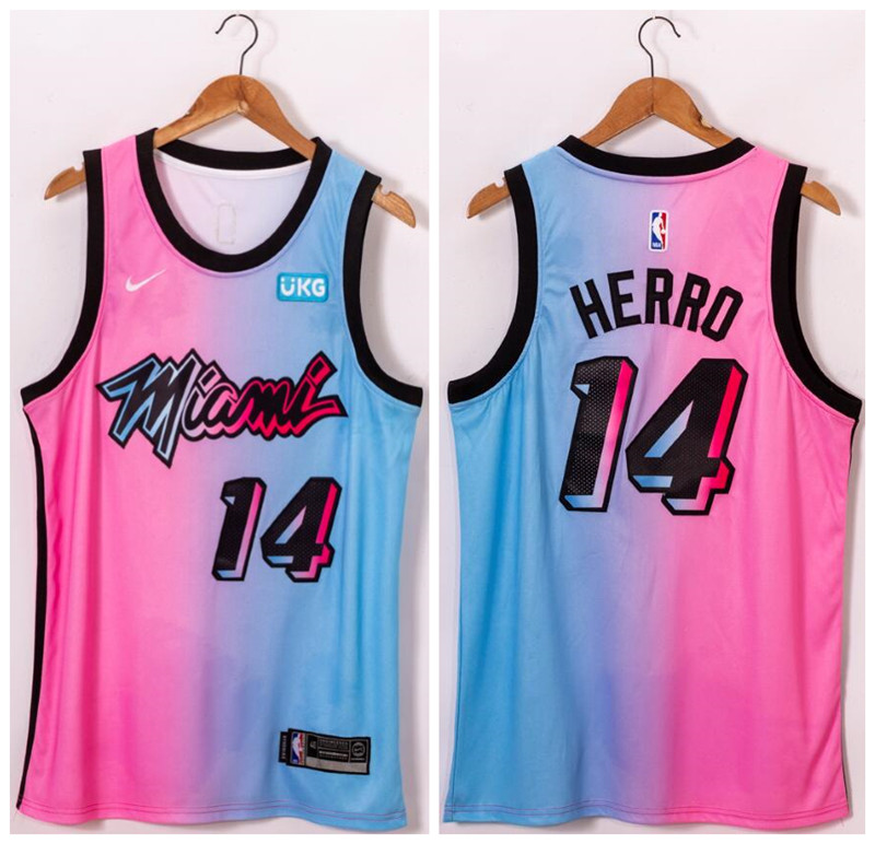 Personalized Heat 14 Tyler Herro Blue Pink 2021 City Edition Swingman Jersey
