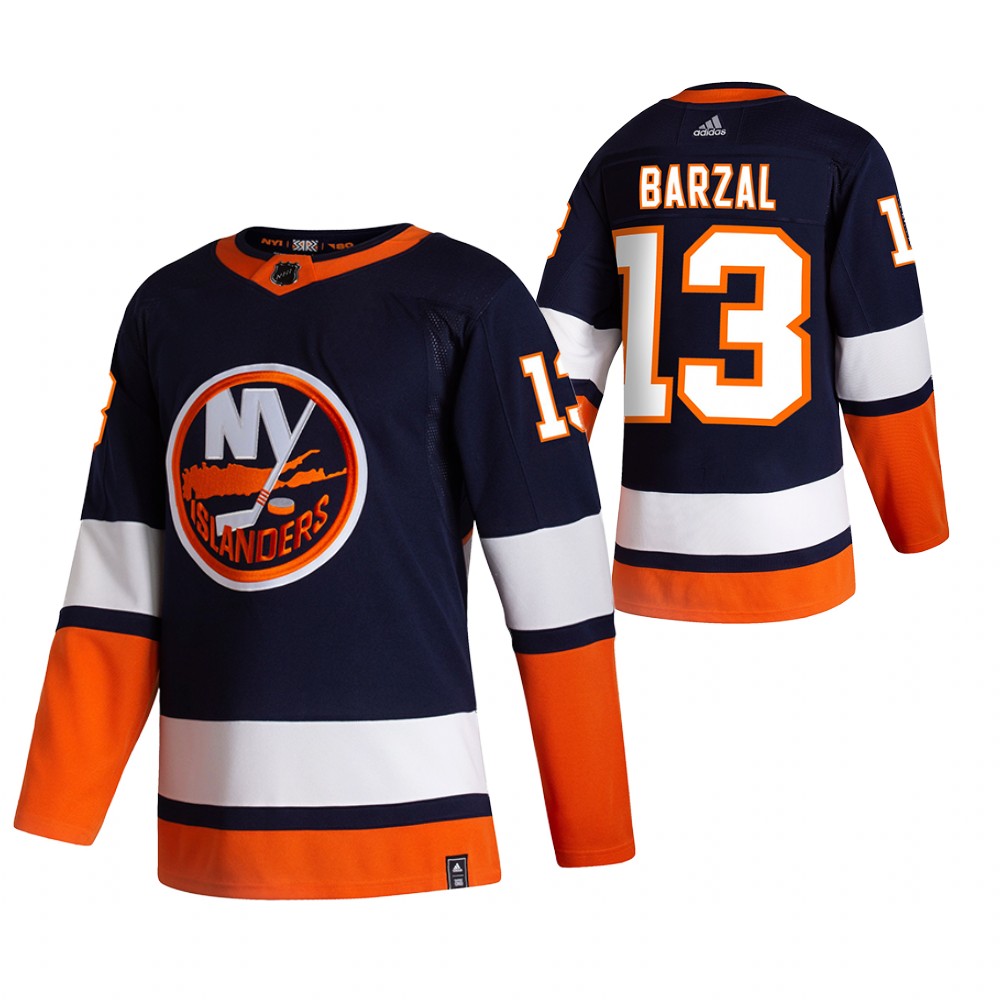 Personalized New York Islanders #13 Mathew Barzal Navy Blue Men’s 2020-21 Reverse Retro Alternate NHL Jersey