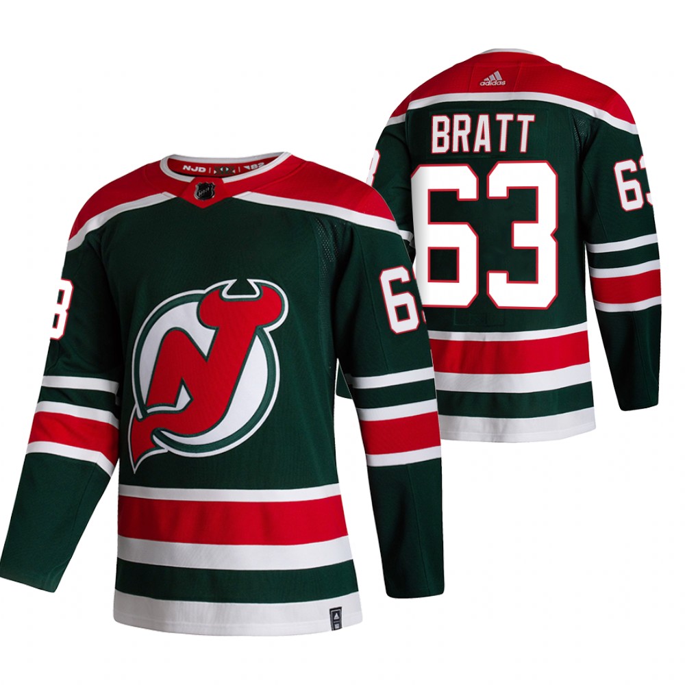 Personalized New Jersey Devils #63 Jesper Bratt Green Men’s 2020-21 Reverse Retro Alternate NHL Jersey