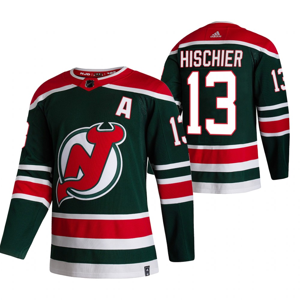 Personalized New Jersey Devils #13 Nico Hischier Green Men’s 2020-21 Reverse Retro Alternate NHL Jersey