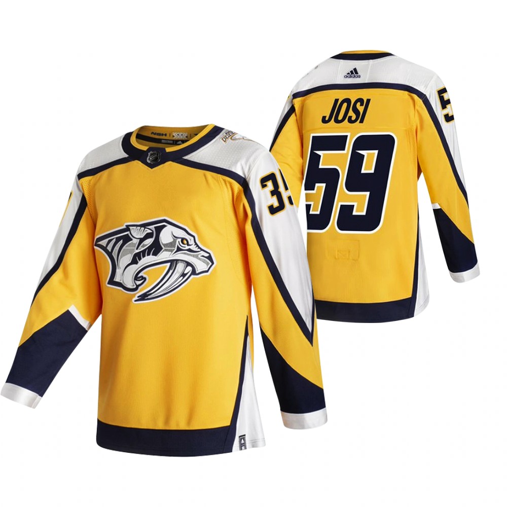 Personalized Nashville Predators #59 Roman Josi Yellow Men’s 2020-21 Reverse Retro Alternate NHL Jersey